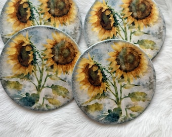 Sunflower Ceramic Coaster Set, Nature Inspired Coffee Table Decor, Farmhouse Gift, Cork Back