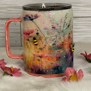 Coffee mug with handle, personalized glitter flower cup, gift for flower lovers, travel mug with flowers, gift for coffee lover, slide lid