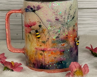 Coffee mug with handle, personalized glitter flower cup, gift for flower lovers, travel mug with flowers, gift for coffee lover, slide lid