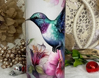 Hummingbird Tumbler,  Floral Insulated Stainless Steel Cup (20 oz)