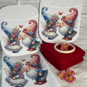 Gnome Kitchen Towel Set: Potholders, Red Towels with Wooden Holder