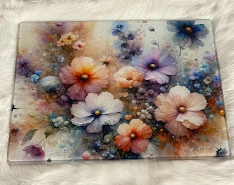 Floral Glass Cutting Board, Decorative Kitchen Tray, Charcuterie Board
