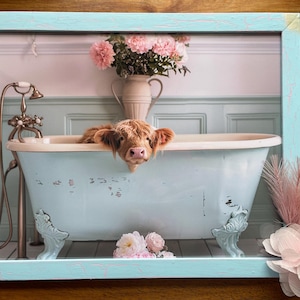 May include: A Highland cow taking a bath in a vintage clawfoot tub with pink flowers in the background.