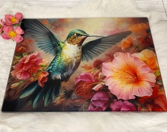 Hummingbird Tempered Glass Cutting Board, Floral Kitchen Decor