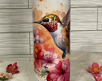 Hummingbird Tumbler, Floral Insulated 20 oz Skinny tumbler, Personalized Nature Gift for Women