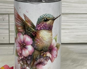 Hummingbird Tumbler, Pink Floral Coffee Mug, Personalized Gift