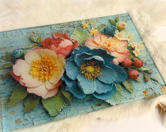 Glass cutting board, Floral kitchen home decor gift for women, decorative glass cheese plate