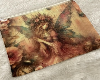 Vintage Angel Canvas Makeup Bag, Floral Cosmetic Pouch