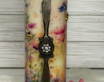 Wildflower Glitter Tumbler with Handle, Rhinestone Bee Travel Mug