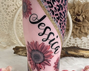Pink girly tumbler, with flowers, glitter mug, gifts for women, personalized tumbler, custom travel mug