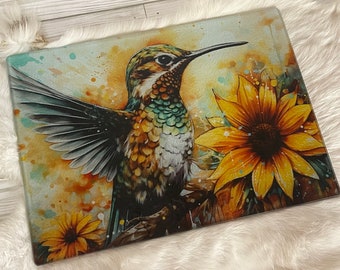 Sunflower and hummingbird glass cutting board, countertop kitchen charcuterie board, sunflower kitchen decor gift for her, Mothers day gift
