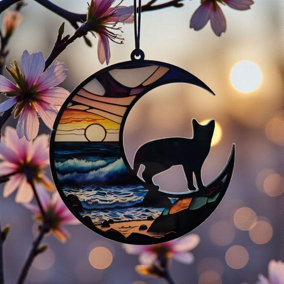 Cat Silhouette Crescent Moon Suncatchers - 7 styles