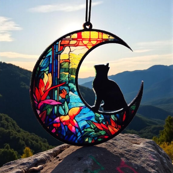 Cat Silhouette Crescent Moon Suncatchers - 7 styles
