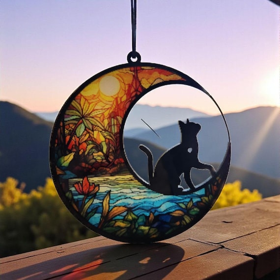 Cat Silhouette Crescent Moon Suncatchers - 7 styles