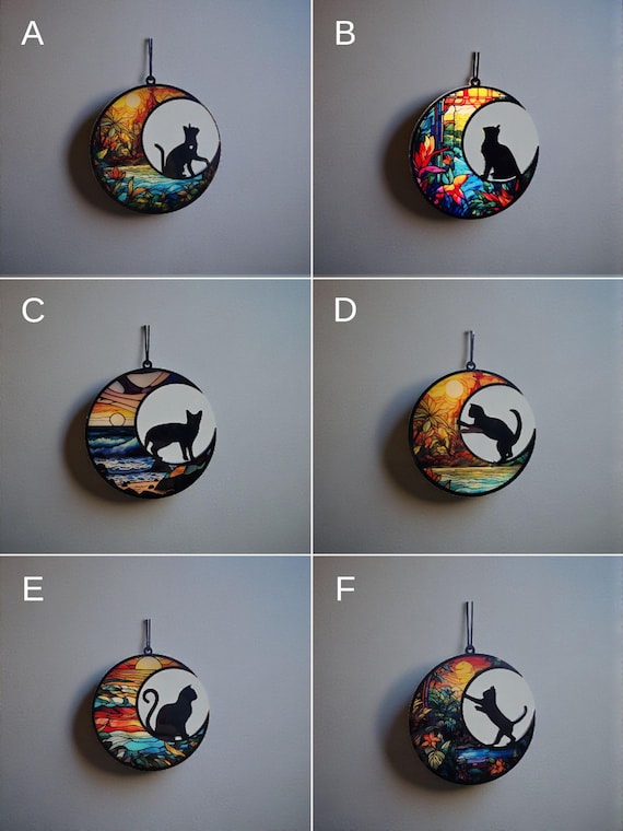 Cat Silhouette Crescent Moon Suncatchers - 7 styles