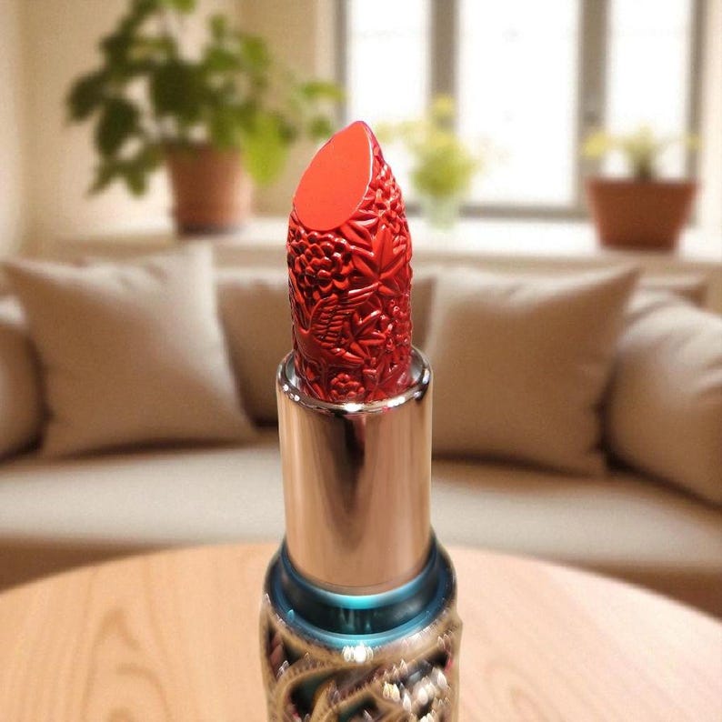 Puede incluir: Primer plano de un labial rojo con intrincados grabados florales y de p&aacute;jaros. El labial est&aacute; en un tubo plateado con una base decorativa. El labial est&aacute; sobre una mesa de madera.