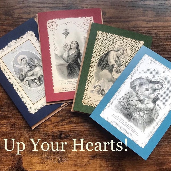 Vintage Catholic Card Set ~ Sacred Heart ~ Immaculate Heart ~ St Joseph Memento Mori - Lift Up Your Heart Set