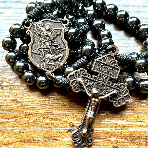 St Michael the Archangel Rosary ~ Black Bonded Cord ~ Pardon Indulgence Crucifix ~ Hematite Stones ~ Antique Copper Plated Medals