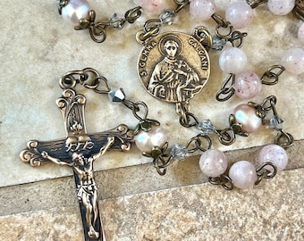 St Gemma Galgani Rosary ~ Freshwater Pearl, Sunstone and Swarovski Crystals