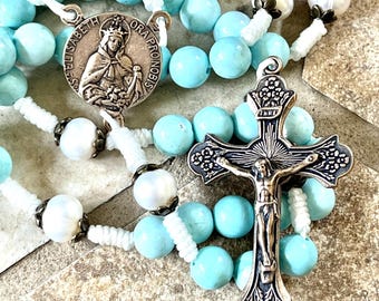 St Elizabeth Rosary ~ Light Blue Turquoise and Freshwater Pearl