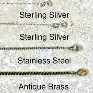 May include: Four different types of chain, Sterling Silver, Sterling Silver, Stainless Steel, and Antique Brass. Each chain is shown with a clasp.