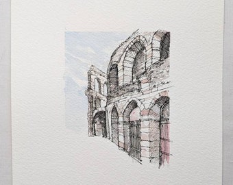 Original watercolour and pen illustration of Verona Arena | A5 travel illustration | Original artwork