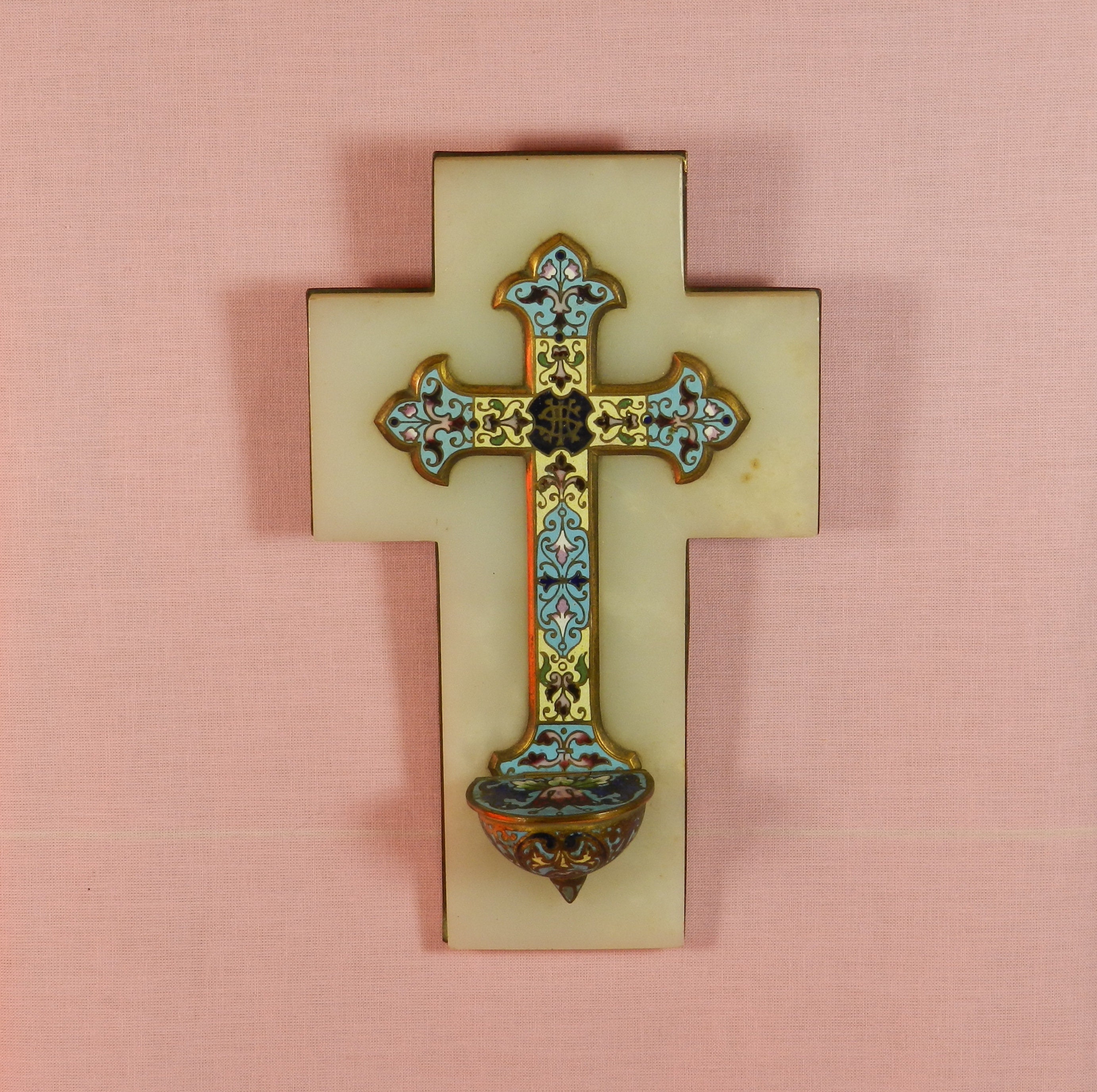 Bénitier Vintage en Marbre et Émaux Cloisonnés Xixème