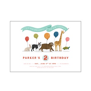 May include: A birthday invitation featuring a colourful illustration of animals, balloons, and the text "HIP HIP HOORAY!" The invitation is for Parker's 2nd birthday and includes the date and time of the party.