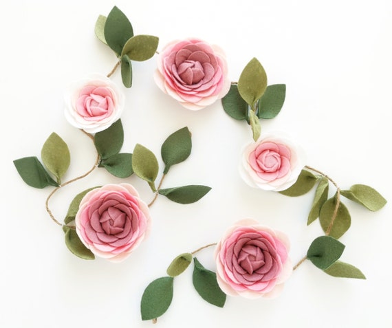 Pink Ombre Felt Flower Garland, Floral Wall Hanging, Nursery Decor, Wedding & Party Decoration