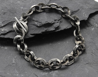 Silver stainless steel curved chain bracelet - handmade high quality - minimal quirky chunky statement jewellery - unisex for men or women
