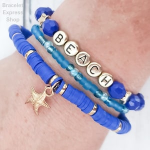 Beach Bracelet Set - Pulsera de cuentas temáticas de playa - Pulsera Heishi - Pulseras Azules - Pulseras Azul Real