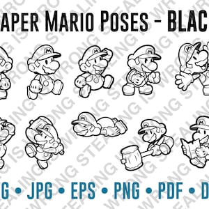 Paper Mario – Mario Poses Collection – SCHWARZ (1 Farbe) | Nur digitale Dateien | SVG, jpg, png, eps, pdf, dxf