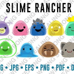 May include: Slime Rancher logo with eight different colored slime characters. The slimes are all smiling and have different features, such as antennas, spikes, and wings. The text "Slime Rancher" is in black and white.