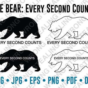 以下が含まれることがあります： 「The Bear: Every Second Counts」というテキストと、各熊の下に繰り返される「Every Second Counts」というテキストが書かれた、黒と白の熊のシルエット画像です。