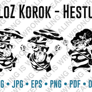 Może przedstawiać: Czarno-biała ilustracja trzech postaci Korok z gry wideo The Legend of Zelda: Breath of the Wild. Tekst "LOZ KOROK - HESTU" znajduje się na górze. Poniżej znajdują się typy plików: SVG, JPG, EPS, PNG, PDF i DXF.