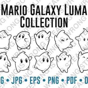 May include: A digital collection of ten black and white line art illustrations featuring various Luma characters from Mario Galaxy. The text MARIO GALAXY LUMA COLLECTION is displayed at the top, with file formats SVG, JPG, EPS, PNG, PDF, and DXF listed below.