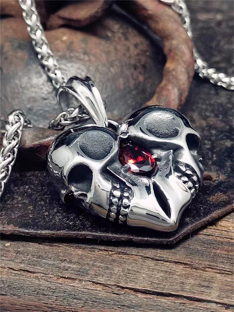 Skull Hear Necklace,skull Necklace With A Red Diamond Heart,gothic ...