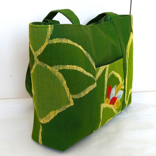 Tote bag / Obi bag / Japanese obi bag / Silk bag / Vintage obi bag / Green tote bag / Bright colors bag / Leaf pattern / TSUMUGI obi bag