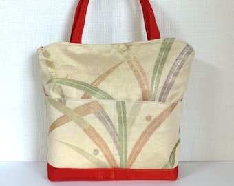 Japanese obi bag / Gold obi bag / Pale red, green and gray grass / Red handle and bottom / Silk bag / Hand and shoulder bag