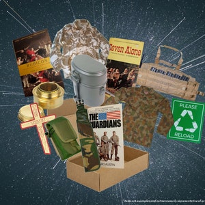 May include: A collection of items related to the military, including a camouflage jacket, a book titled "The Guardians", a canteen, a cross, a book titled "Seven Alone", a book titled "Rubicon", a camouflage shirt, a camouflage vest, and a sign that says "Please Reload".
