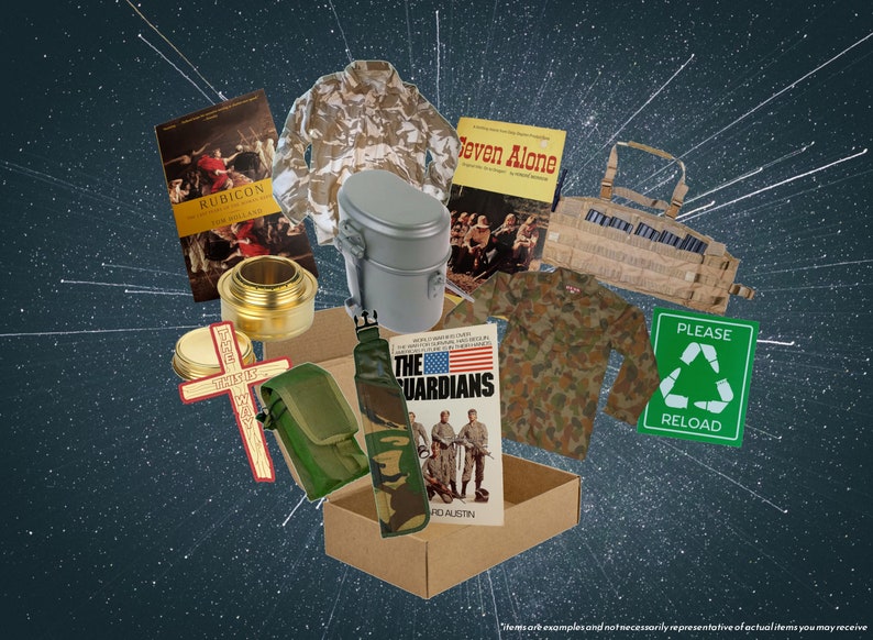 May include: A collection of items related to the military, including a camouflage jacket, a book titled "The Guardians", a canteen, a cross, a book titled "Seven Alone", a book titled "Rubicon", a camouflage shirt, a camouflage vest, and a sign that says "Please Reload".