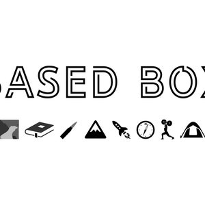 May include: Black and white logo for Based Box, a subscription box service. The logo features the text "BASED BOX" in a bold, sans-serif font. Below the logo are nine icons representing different activities, including a cross, a compass, a mountain, a tent, and a rocket.