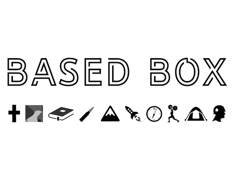 May include: Black and white logo for Based Box, a subscription box service. The logo features the text "BASED BOX" in a bold, sans-serif font. Below the logo are nine icons representing different activities, including a cross, a compass, a mountain, a tent, and a rocket.