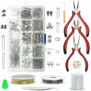 Jewellery Making Findings Kit DIY Wire Pliers Set Starter Tools Necklace Repair 1000PCS Findings+10PCS Tools Silver