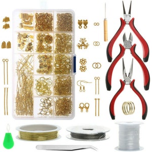 Jewellery Making Findings Kit DIY Wire Pliers Set Starter Tools Necklace Repair 1000PCS Findings+10PCS Tools Gold