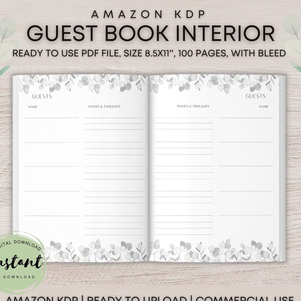 Guest Book KDP Interiors Template, Guestbook Printable PDF Pages, Size 8.5x11'', PDF Instant Download- personal & commercial use