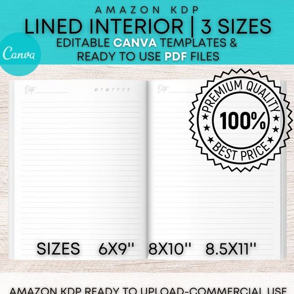 KDP Interiors, Canva Template for Low Content Books, 100 Page Lined Journal, SelfPublish Books, Sizes (8.5x11, 8x10, 6x9) COMMERCIAL Use