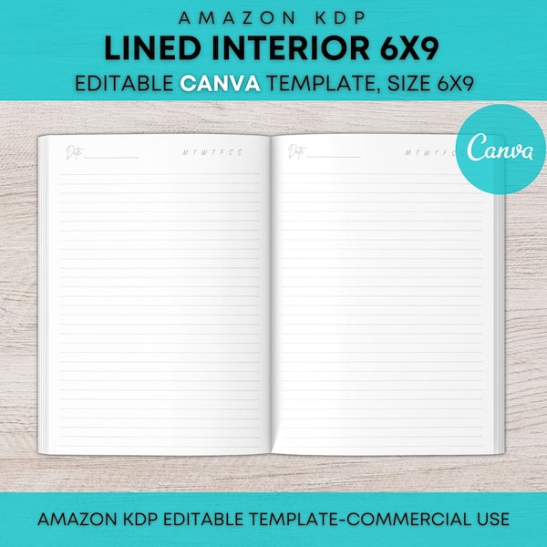 KDP Interiors, Canva Template for Low Content Books, 100 Page Lined Journal, SelfPublish Books, Size ( 6x9) COMMERCIAL Use