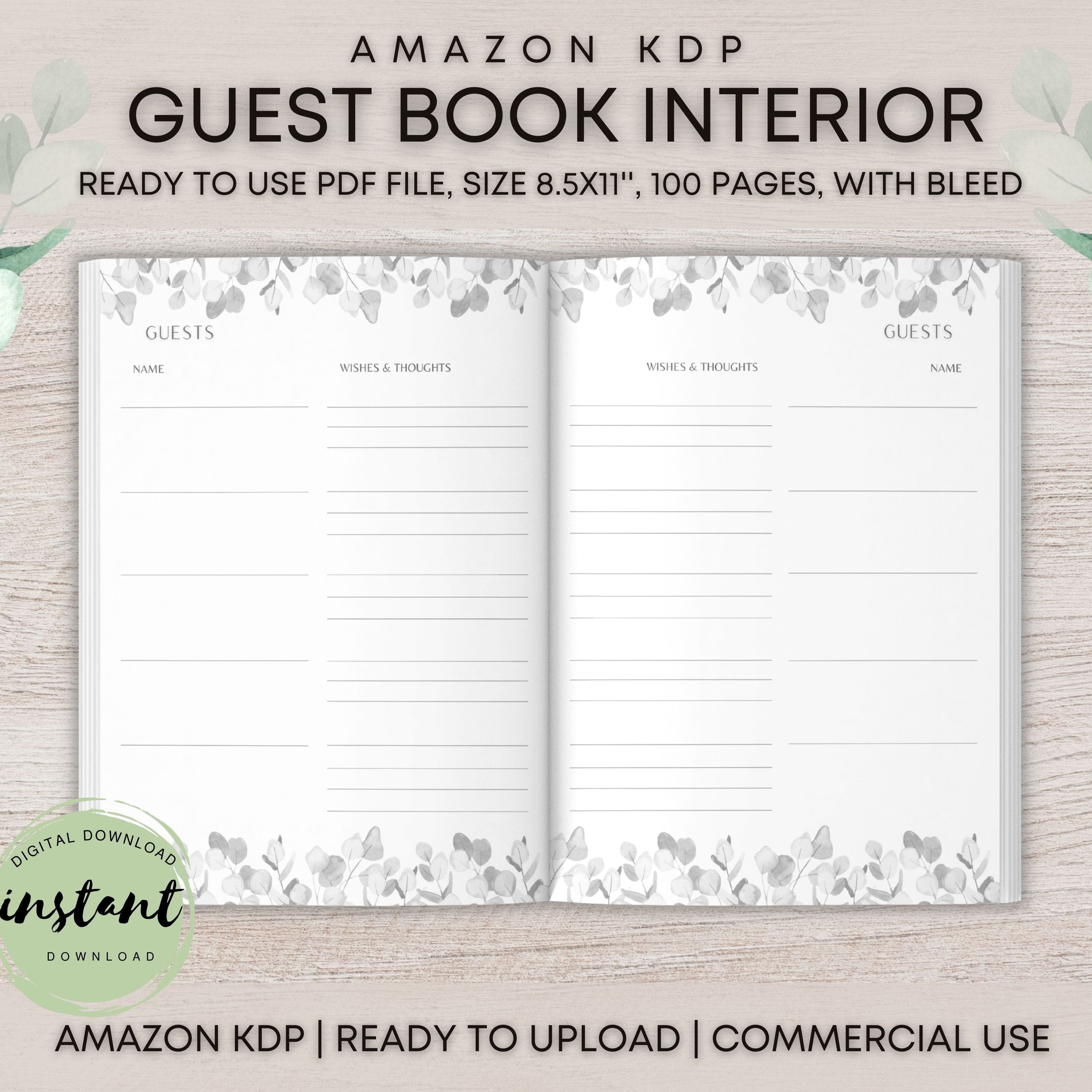 Guest Book KDP Interiors Template, Guestbook Printable PDF Pages, Size  8.5x11'', PDF Instant Download Personal & Commercial Use 