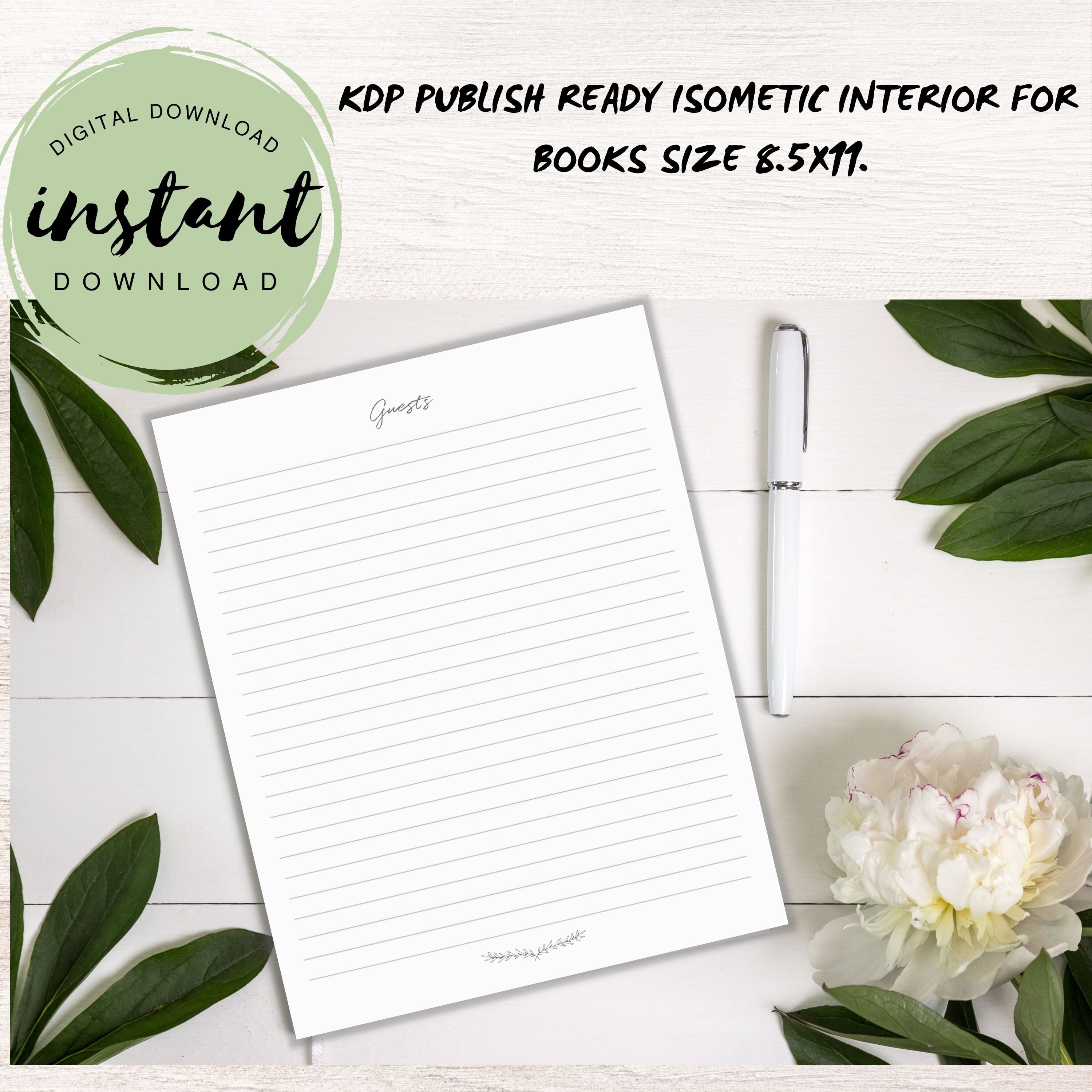 Guest Book KDP Lined Pages, Kindle Interiors Template, Sizes 6x9,8x10,8